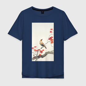 Мужская футболка хлопок Oversize с принтом Japanese Plague Bird on Maple в Петрозаводске, 100% хлопок | свободный крой, круглый ворот, “спинка” длиннее передней части | japan | ohara koson | искусство | картины | культура японии | охара косон | птицы | япония | японская | японская анимация | японская культура | японская эстетика | японский стиль