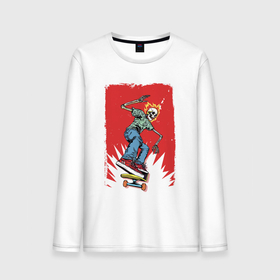 Мужской лонгслив хлопок с принтом Fire skull Skateboarding man on a red background   Extreme , 100% хлопок |  | bones | extreme | fire | flame | jaw | skateboarding | skatebord | skeleton | sneakers | teeth | зубы | кости | кроссовки | огонь | пасть | пламя | скейтборд | скейтбординг | скелет | экстрим