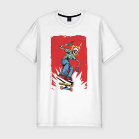 Мужская футболка хлопок Slim с принтом Fire skull Skateboarding man on a red background   Extreme в Курске, 92% хлопок, 8% лайкра | приталенный силуэт, круглый вырез ворота, длина до линии бедра, короткий рукав | bones | extreme | fire | flame | jaw | skateboarding | skatebord | skeleton | sneakers | teeth | зубы | кости | кроссовки | огонь | пасть | пламя | скейтборд | скейтбординг | скелет | экстрим
