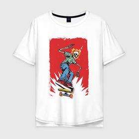 Мужская футболка хлопок Oversize с принтом Fire skull Skateboarding man on a red background   Extreme , 100% хлопок | свободный крой, круглый ворот, “спинка” длиннее передней части | bones | extreme | fire | flame | jaw | skateboarding | skatebord | skeleton | sneakers | teeth | зубы | кости | кроссовки | огонь | пасть | пламя | скейтборд | скейтбординг | скелет | экстрим