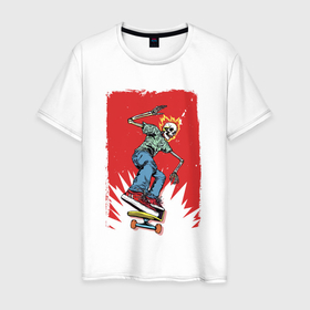 Мужская футболка хлопок с принтом Fire skull Skateboarding man on a red background   Extreme в Санкт-Петербурге, 100% хлопок | прямой крой, круглый вырез горловины, длина до линии бедер, слегка спущенное плечо. | bones | extreme | fire | flame | jaw | skateboarding | skatebord | skeleton | sneakers | teeth | зубы | кости | кроссовки | огонь | пасть | пламя | скейтборд | скейтбординг | скелет | экстрим