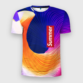Мужская футболка 3D Slim с принтом Цветная волна   Summer в Тюмени, 100% полиэстер с улучшенными характеристиками | приталенный силуэт, круглая горловина, широкие плечи, сужается к линии бедра | abstraction | color | fashion | summer | wave | абстракция | волна | лето | мода | цвет