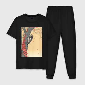 Мужская пижама хлопок с принтом Great Spotted Woodpecker in Tree with Red Ivy в Тюмени, 100% хлопок | брюки и футболка прямого кроя, без карманов, на брюках мягкая резинка на поясе и по низу штанин
 | japan | ohara koson | искусство | картины | культура японии | охара косон | птицы | япония | японская | японская анимация | японская культура | японская эстетика | японский стиль