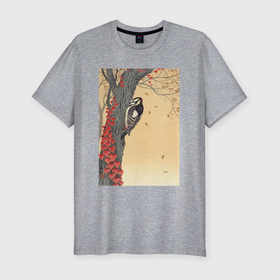 Мужская футболка хлопок Slim с принтом Great Spotted Woodpecker in Tree with Red Ivy в Курске, 92% хлопок, 8% лайкра | приталенный силуэт, круглый вырез ворота, длина до линии бедра, короткий рукав | japan | ohara koson | искусство | картины | культура японии | охара косон | птицы | япония | японская | японская анимация | японская культура | японская эстетика | японский стиль