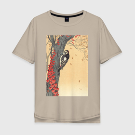 Мужская футболка хлопок Oversize с принтом Great Spotted Woodpecker in Tree with Red Ivy в Курске, 100% хлопок | свободный крой, круглый ворот, “спинка” длиннее передней части | japan | ohara koson | искусство | картины | культура японии | охара косон | птицы | япония | японская | японская анимация | японская культура | японская эстетика | японский стиль