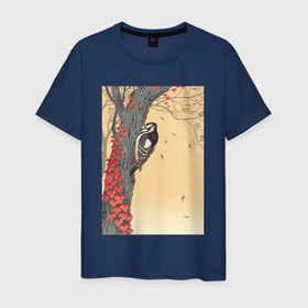 Мужская футболка хлопок с принтом Great Spotted Woodpecker in Tree with Red Ivy в Новосибирске, 100% хлопок | прямой крой, круглый вырез горловины, длина до линии бедер, слегка спущенное плечо. | japan | ohara koson | искусство | картины | культура японии | охара косон | птицы | япония | японская | японская анимация | японская культура | японская эстетика | японский стиль