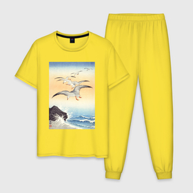 Мужская пижама хлопок с принтом Five Seagulls Above Turbulent Sea в Тюмени, 100% хлопок | брюки и футболка прямого кроя, без карманов, на брюках мягкая резинка на поясе и по низу штанин
 | japan | ohara koson | искусство | картины | культура японии | охара косон | птицы | япония | японская | японская анимация | японская культура | японская эстетика | японский стиль
