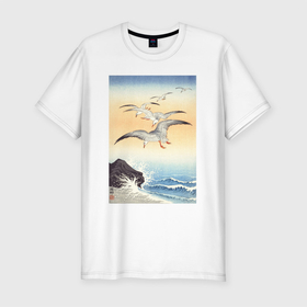 Мужская футболка хлопок Slim с принтом Five Seagulls Above Turbulent Sea в Курске, 92% хлопок, 8% лайкра | приталенный силуэт, круглый вырез ворота, длина до линии бедра, короткий рукав | japan | ohara koson | искусство | картины | культура японии | охара косон | птицы | япония | японская | японская анимация | японская культура | японская эстетика | японский стиль