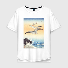 Мужская футболка хлопок Oversize с принтом Five Seagulls Above Turbulent Sea в Курске, 100% хлопок | свободный крой, круглый ворот, “спинка” длиннее передней части | japan | ohara koson | искусство | картины | культура японии | охара косон | птицы | япония | японская | японская анимация | японская культура | японская эстетика | японский стиль