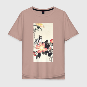 Мужская футболка хлопок Oversize с принтом Great Tit on Branch with Pink Flowers в Белгороде, 100% хлопок | свободный крой, круглый ворот, “спинка” длиннее передней части | japan | ohara koson | искусство | картины | культура японии | охара косон | птицы | синица | япония | японская | японская анимация | японская культура | японская эстетика | японский стиль