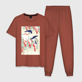 Мужская пижама хлопок с принтом Flycatchers on a Nandina Bush в Кировске, 100% хлопок | брюки и футболка прямого кроя, без карманов, на брюках мягкая резинка на поясе и по низу штанин
 | japan | ohara koson | искусство | картины | культура японии | мухоловка | охара косон | птицы | япония | японская | японская анимация | японская культура | японская эстетика | японский стиль