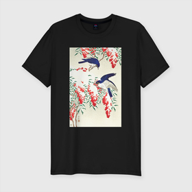 Мужская футболка хлопок Slim с принтом Flycatchers on a Nandina Bush в Курске, 92% хлопок, 8% лайкра | приталенный силуэт, круглый вырез ворота, длина до линии бедра, короткий рукав | japan | ohara koson | искусство | картины | культура японии | мухоловка | охара косон | птицы | япония | японская | японская анимация | японская культура | японская эстетика | японский стиль
