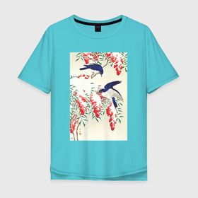 Мужская футболка хлопок Oversize с принтом Flycatchers on a Nandina Bush , 100% хлопок | свободный крой, круглый ворот, “спинка” длиннее передней части | japan | ohara koson | искусство | картины | культура японии | мухоловка | охара косон | птицы | япония | японская | японская анимация | японская культура | японская эстетика | японский стиль