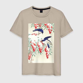 Мужская футболка хлопок с принтом Flycatchers on a Nandina Bush в Петрозаводске, 100% хлопок | прямой крой, круглый вырез горловины, длина до линии бедер, слегка спущенное плечо. | japan | ohara koson | искусство | картины | культура японии | мухоловка | охара косон | птицы | япония | японская | японская анимация | японская культура | японская эстетика | японский стиль