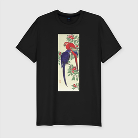 Мужская футболка хлопок Slim с принтом Red and a Blue Parrot в Курске, 92% хлопок, 8% лайкра | приталенный силуэт, круглый вырез ворота, длина до линии бедра, короткий рукав | искусство | картины | культура японии | охара косон | попугаи | птицы | япония | японская | японская анимация | японская культура | японская эстетика | японский стиль