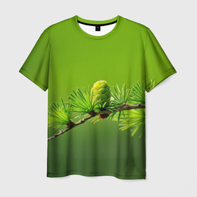 Мужская футболка 3D с принтом Зеленая шишечка в начале весны в Новосибирске, 100% полиэфир | прямой крой, круглый вырез горловины, длина до линии бедер | весна | зеленое | красота | лес | лиственница | нежность | природа | растение | росток | шишка