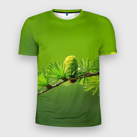 Мужская футболка 3D Slim с принтом Зеленая шишечка в начале весны в Санкт-Петербурге, 100% полиэстер с улучшенными характеристиками | приталенный силуэт, круглая горловина, широкие плечи, сужается к линии бедра | Тематика изображения на принте: весна | зеленое | красота | лес | лиственница | нежность | природа | растение | росток | шишка