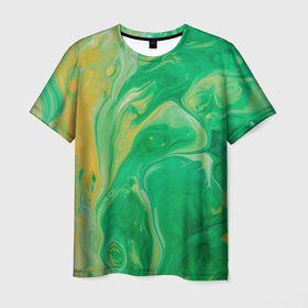 Мужская футболка 3D с принтом Зелено оранжевая абстракция в Курске, 100% полиэфир | прямой крой, круглый вырез горловины, длина до линии бедер | абстрактное | абстракционизм | абстракция | акварель | жидкость | зеленый | искусство | круг | оранжевый | пятно | текстура | узор | цвет