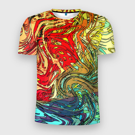 Мужская футболка 3D Slim с принтом Хаотичные линии (Abstract pattern) в Белгороде, 100% полиэстер с улучшенными характеристиками | приталенный силуэт, круглая горловина, широкие плечи, сужается к линии бедра | line | urban | абстрактный | абстракция | краски | линии | разноцветная | разноцветный | узор | цвета | цветная