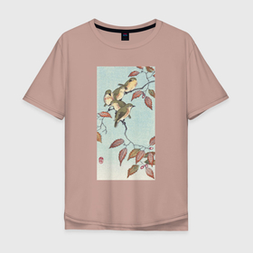 Мужская футболка хлопок Oversize с принтом Birds on a Branch (Птицы на ветке) , 100% хлопок | свободный крой, круглый ворот, “спинка” длиннее передней части | Тематика изображения на принте: japan | ohar | искусство | картины | культура японии | охара косон | птицы | япония | японская | японская анимация | японская культура | японская эстетика | японский стиль