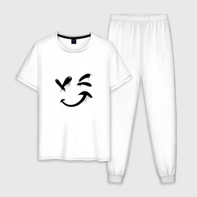 Мужская пижама хлопок с принтом Подмигивающий смайлик Граффити в Новосибирске, 100% хлопок | брюки и футболка прямого кроя, без карманов, на брюках мягкая резинка на поясе и по низу штанин
 | Тематика изображения на принте: black | emoji | emojji | graffiti | graffity | positive | smile | smiley face | wink | winking | мигает | мигание | подмигивает | улыбка | чёрное граффити | чёрный смайлик | эмоджи | эмодзи
