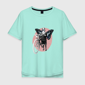 Мужская футболка хлопок Oversize с принтом Vintage Woman Butterfly Bike Collage в Санкт-Петербурге, 100% хлопок | свободный крой, круглый ворот, “спинка” длиннее передней части | bird | fashion | old | retro | wings | бабочка | бабочки | байк | велосипед | винтаж | винтажная | дятел | коллаж | крылья | мода | мятая бумага | птица | ретро | с головой птицы | старый велосипед | юмор