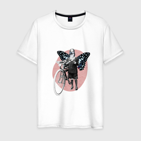 Мужская футболка хлопок с принтом Vintage Woman Butterfly Bike Collage в Курске, 100% хлопок | прямой крой, круглый вырез горловины, длина до линии бедер, слегка спущенное плечо. | bird | fashion | old | retro | wings | бабочка | бабочки | байк | велосипед | винтаж | винтажная | дятел | коллаж | крылья | мода | мятая бумага | птица | ретро | с головой птицы | старый велосипед | юмор