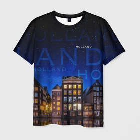 Мужская футболка 3D с принтом Голландия в ночи в Екатеринбурге, 100% полиэфир | прямой крой, круглый вырез горловины, длина до линии бедер | город | города | дома | звезды | набережная | надписи | надпись | ночь | отдых | отпуск | путишествие | река | с домами | с домиками | синий | старый город | темно   синий | тур | фото