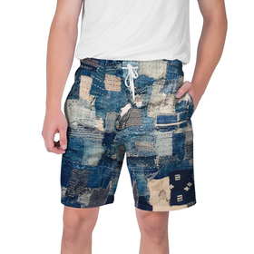 Мужские шорты 3D с принтом Patchwork   Jeans   Осень   Зима 2023 в Петрозаводске,  полиэстер 100% | прямой крой, два кармана без застежек по бокам. Мягкая трикотажная резинка на поясе, внутри которой широкие завязки. Длина чуть выше колен | abstraction | cloth | fashion | jeans | patchwork | абстракция | джинса | мода | пэчворк | ткань