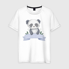Мужская футболка хлопок с принтом Милая Пандочка С Лентой в Петрозаводске, 100% хлопок | прямой крой, круглый вырез горловины, длина до линии бедер, слегка спущенное плечо. | animals | beast | cute | panda | животные | звери | панда | пандочка