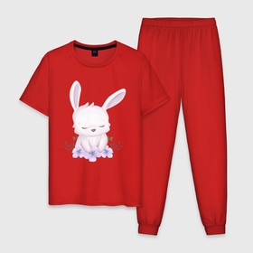 Мужская пижама хлопок с принтом Милый Крольчонок С Цветочками в Петрозаводске, 100% хлопок | брюки и футболка прямого кроя, без карманов, на брюках мягкая резинка на поясе и по низу штанин
 | Тематика изображения на принте: animals | beast | cute | hare | rabbit | животные | заяц | звери | кролик | крольчонок | милый