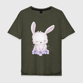 Мужская футболка хлопок Oversize с принтом Милый Крольчонок С Цветочками в Петрозаводске, 100% хлопок | свободный крой, круглый ворот, “спинка” длиннее передней части | Тематика изображения на принте: animals | beast | cute | hare | rabbit | животные | заяц | звери | кролик | крольчонок | милый