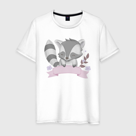 Мужская футболка хлопок с принтом Милый Енотик С Лентой в Санкт-Петербурге, 100% хлопок | прямой крой, круглый вырез горловины, длина до линии бедер, слегка спущенное плечо. | animals | beast | cute | raccoon | енот | енотик | животные | звери | милый