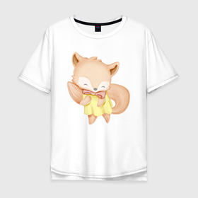 Мужская футболка хлопок Oversize с принтом Милый Лисёнок В Платье Танцует в Новосибирске, 100% хлопок | свободный крой, круглый ворот, “спинка” длиннее передней части | Тематика изображения на принте: animals | beast | cute | fox | животные | звери | лиса | лисёнок | милый