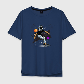 Мужская футболка хлопок Oversize с принтом Космонавт   скейтбордист в Новосибирске, 100% хлопок | свободный крой, круглый ворот, “спинка” длиннее передней части | Тематика изображения на принте: вселенная | звезды | космонавт | космонавт   скейтбордист | космос | планета | скет