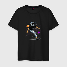 Мужская футболка хлопок с принтом Космонавт   скейтбордист , 100% хлопок | прямой крой, круглый вырез горловины, длина до линии бедер, слегка спущенное плечо. | вселенная | звезды | космонавт | космонавт   скейтбордист | космос | планета | скет