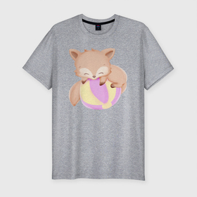 Мужская футболка хлопок Slim с принтом Милый Лисёнок С Мячом в Новосибирске, 92% хлопок, 8% лайкра | приталенный силуэт, круглый вырез ворота, длина до линии бедра, короткий рукав | animals | beast | cute | fox | животные | звери | лиса | лисёнок | милый