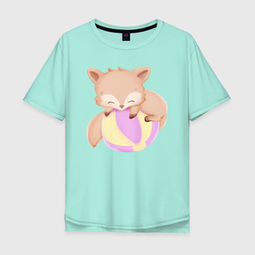 Мужская футболка хлопок Oversize с принтом Милый Лисёнок С Мячом в Новосибирске, 100% хлопок | свободный крой, круглый ворот, “спинка” длиннее передней части | Тематика изображения на принте: animals | beast | cute | fox | животные | звери | лиса | лисёнок | милый