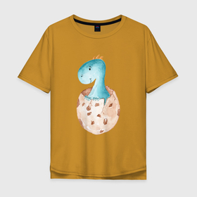 Мужская футболка хлопок Oversize с принтом Динозаврик вылупился из яйца в Новосибирске, 100% хлопок | свободный крой, круглый ворот, “спинка” длиннее передней части | детеныш | дино | динозавр | динозаврик | яичко | яйцо