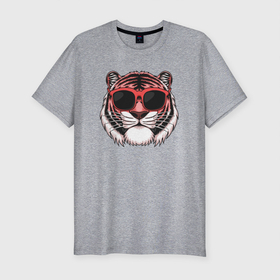 Мужская футболка хлопок Slim с принтом Модный тигр в очках в Белгороде, 92% хлопок, 8% лайкра | приталенный силуэт, круглый вырез ворота, длина до линии бедра, короткий рукав | Тематика изображения на принте: очки | солнце | тигр | тигр в очках | тигрица