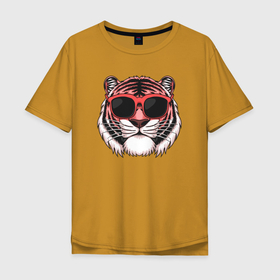 Мужская футболка хлопок Oversize с принтом Модный тигр в очках в Новосибирске, 100% хлопок | свободный крой, круглый ворот, “спинка” длиннее передней части | Тематика изображения на принте: очки | солнце | тигр | тигр в очках | тигрица