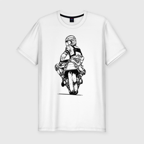 Мужская футболка хлопок Slim с принтом Крутой мотоциклист в Курске, 92% хлопок, 8% лайкра | приталенный силуэт, круглый вырез ворота, длина до линии бедра, короткий рукав | helmet | motorcycle | motorcyclist | wheel | колесо | мотоцикл | мотоциклист | шлем