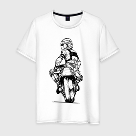 Мужская футболка хлопок с принтом Крутой мотоциклист в Новосибирске, 100% хлопок | прямой крой, круглый вырез горловины, длина до линии бедер, слегка спущенное плечо. | helmet | motorcycle | motorcyclist | wheel | колесо | мотоцикл | мотоциклист | шлем