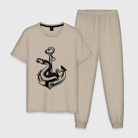 Мужская пижама хлопок с принтом Змея на якоре | Anchor Snake в Кировске, 100% хлопок | брюки и футболка прямого кроя, без карманов, на брюках мягкая резинка на поясе и по низу штанин
 | Тематика изображения на принте: army | sea | tattoo | tattooed | армейская татуировка | армия | военно морской флот | змеюка | корабельный якорь | морская тема | морской якорь | тату | татуировка | флотилия | эмблема вмф