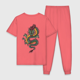 Мужская пижама хлопок с принтом Зелёный китайский дракон Lun в Белгороде, 100% хлопок | брюки и футболка прямого кроя, без карманов, на брюках мягкая резинка на поясе и по низу штанин
 | Тематика изображения на принте: china | chineese | dragon | dragons | snake dragon | большой дракон | в виде змеи | длинный дракон | дракон змей | дракон на спине | змеиный дракон | змей лун | китайская мифология | лун | лун сюй | огромный дракон