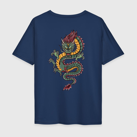Мужская футболка хлопок Oversize с принтом Зелёный китайский дракон Lun в Белгороде, 100% хлопок | свободный крой, круглый ворот, “спинка” длиннее передней части | china | chineese | dragon | dragons | snake dragon | большой дракон | в виде змеи | длинный дракон | дракон змей | дракон на спине | змеиный дракон | змей лун | китайская мифология | лун | лун сюй | огромный дракон