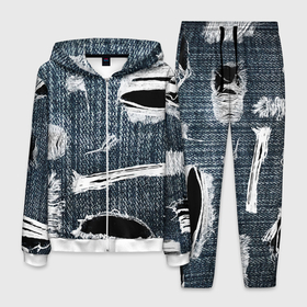 Мужской костюм 3D с принтом Джинсовое рваньё   Fashion trend в Тюмени, 100% полиэстер | Манжеты и пояс оформлены тканевой резинкой, двухслойный капюшон со шнурком для регулировки, карманы спереди | Тематика изображения на принте: fashion | jeans | rag | trend | джинса | мода | рваньё | тренд