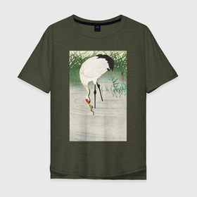 Мужская футболка хлопок Oversize с принтом Fishing Crane in Shallow Water в Новосибирске, 100% хлопок | свободный крой, круглый ворот, “спинка” длиннее передней части | japan | ohara koson | журавль | искусство | картины | культура японии | охара косон | птицы | япония | японская | японская анимация | японская эстетика | японский стиль