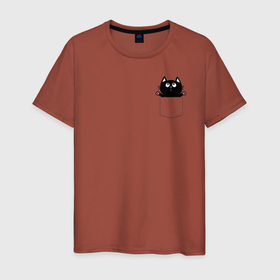 Мужская футболка хлопок с принтом Дружок в кармашке в Курске, 100% хлопок | прямой крой, круглый вырез горловины, длина до линии бедер, слегка спущенное плечо. | глаза | друг | карман | кот | кошка | лапы | радость