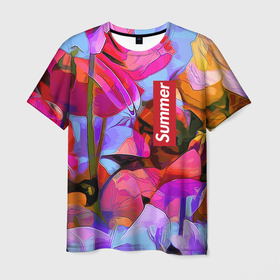Мужская футболка 3D с принтом Красочный летний цветочный паттерн   Summer color pattern в Тюмени, 100% полиэфир | прямой крой, круглый вырез горловины, длина до линии бедер | abstraction | flowers | pattern | summer | абстракция | лето | узор | цветы